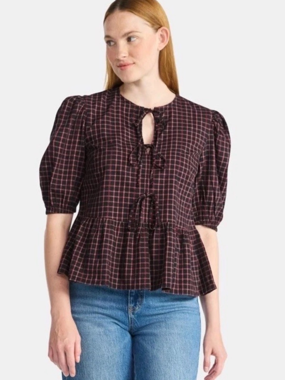 Time and Tru‎ Black Pink Plaid Tie-Front Peplum Blouse Size 14 XL
Cottagecore
